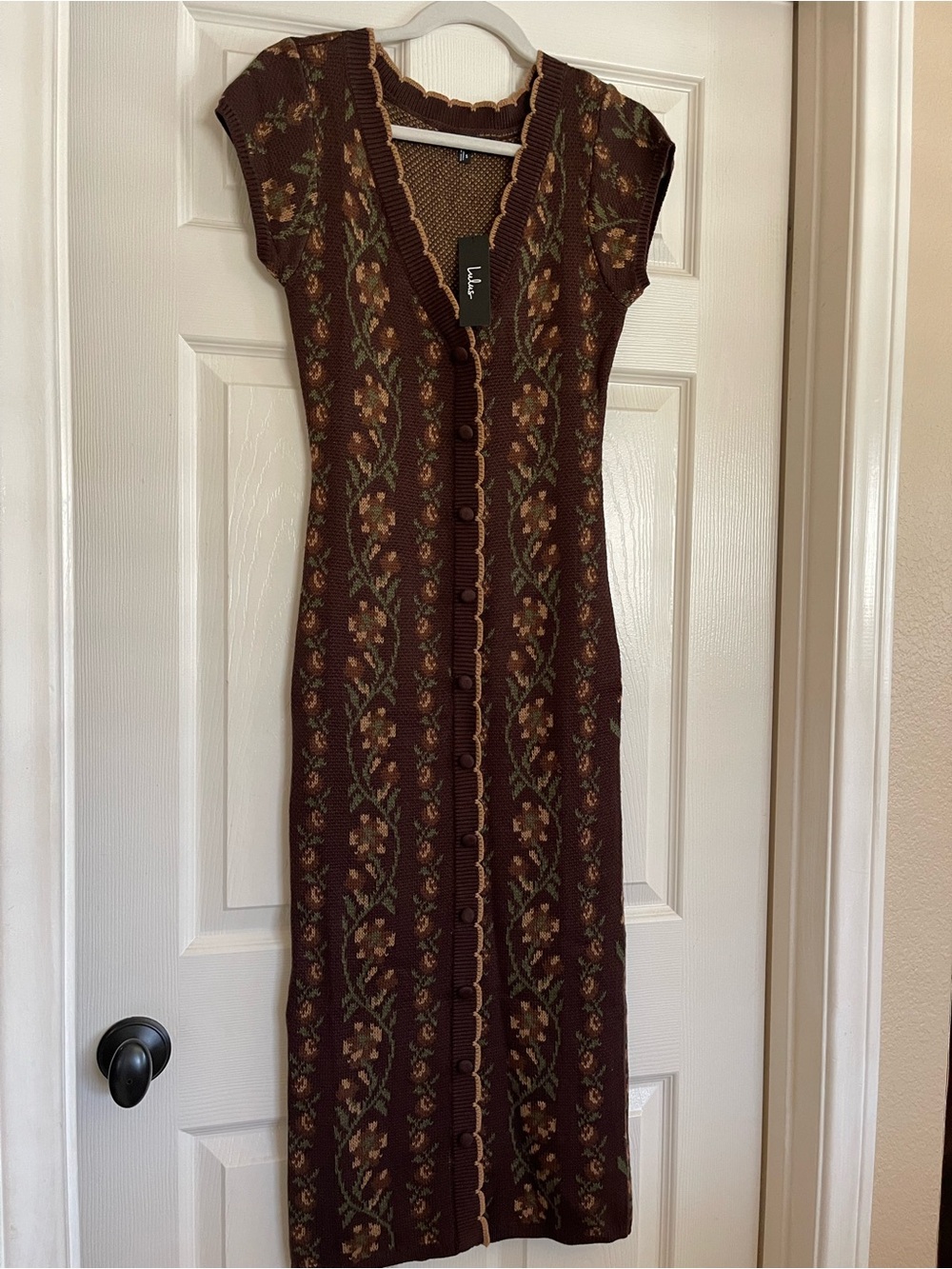 Lulus Brown Floral Knit Button-Front Dress